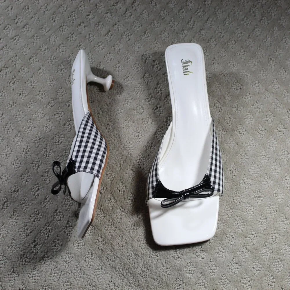 Sheln Women's 11 Black White Check Open Toe Kitten Heels